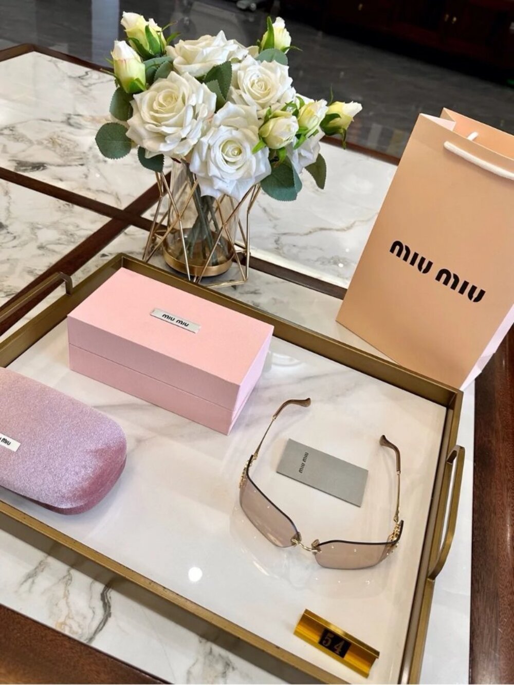 Miu Miu Rimless Sunglasses with Pink-Brown Lenses and Gold Accents - Picture 5 of 7